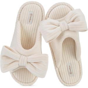 imageEverFoams Womens OpenToe Bow Slippers with Memory Foam Indoor House NonSlip SolePearl White