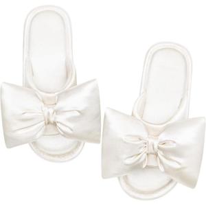imageEverFoams Womens Satin OpenToe Bow Slippers Memory Foam Indoor Bedroom House ShoesCrystal Pearl White