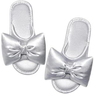 imageEverFoams Womens Satin OpenToe Bow Slippers Memory Foam Indoor Bedroom House ShoesGlossy Silver