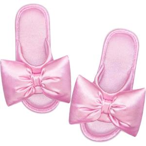 imageEverFoams Womens Satin OpenToe Bow Slippers Memory Foam Indoor Bedroom House ShoesPink Macaron