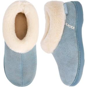 imageEverFoams Womens Microsuede Cozy Memory Foam Winter Slippers with Fuzzy Faux Fur Collar and Indoor Outdoor Rubber SoleBlue