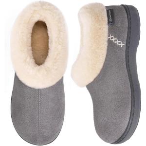 imageEverFoams Womens Microsuede Cozy Memory Foam Winter Slippers with Fuzzy Faux Fur Collar and Indoor Outdoor Rubber SoleGrey
