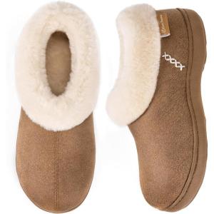 imageEverFoams Womens Microsuede Cozy Memory Foam Winter Slippers with Fuzzy Faux Fur Collar and Indoor Outdoor Rubber SoleTan