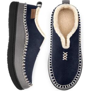 imageEverFoams Mens Moccasin Slippers Memory Foam IndoorOutdoor Warm Suede House Shoes with Fuzzy Sherpa LiningNavy