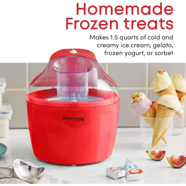 imageAmericana EIM1400R 15 Qt Freezer Bowl Automatic Easy Homemade Electric Ice Cream Maker Ingredient Chute OnOff Switch No Salt Needed Creamy Ice Cream Gelato Frozen Yogurt Sorbet Recipe BookRed