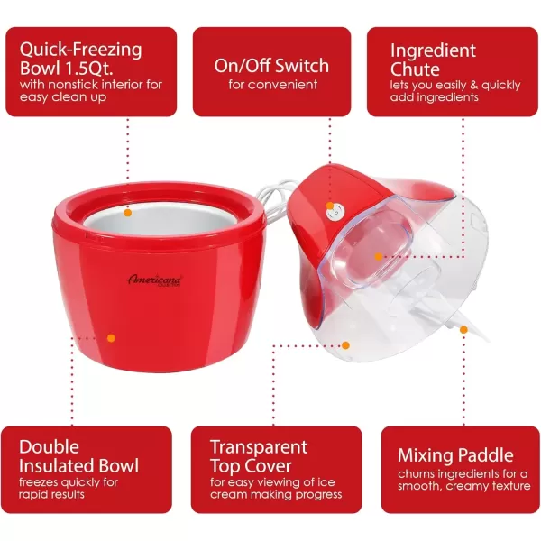 imageAmericana EIM1400R 15 Qt Freezer Bowl Automatic Easy Homemade Electric Ice Cream Maker Ingredient Chute OnOff Switch No Salt Needed Creamy Ice Cream Gelato Frozen Yogurt Sorbet Recipe BookRed