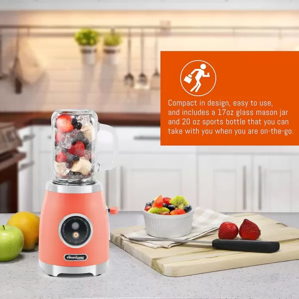 imageAmericana EPB399C BPA Free Glass Blending Jar and Tritan Sports Bottle Blend Personal Smoothie Crush Ice Shakes Keto Protein Blender 2 Cups 300 Watts CoralCoral
