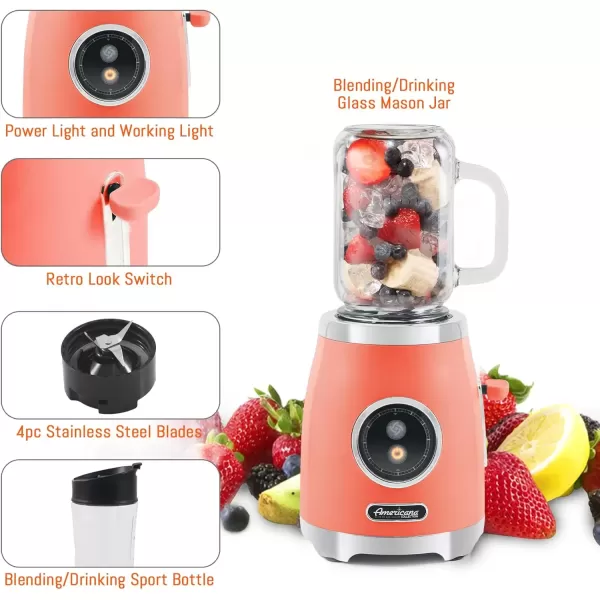 imageAmericana EPB399C BPA Free Glass Blending Jar and Tritan Sports Bottle Blend Personal Smoothie Crush Ice Shakes Keto Protein Blender 2 Cups 300 Watts CoralCoral