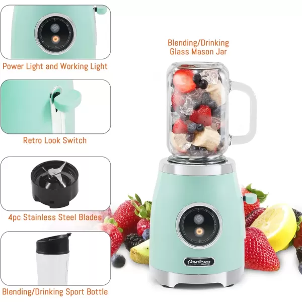 imageAmericana EPB399C BPA Free Glass Blending Jar and Tritan Sports Bottle Blend Personal Smoothie Crush Ice Shakes Keto Protein Blender 2 Cups 300 Watts CoralMint