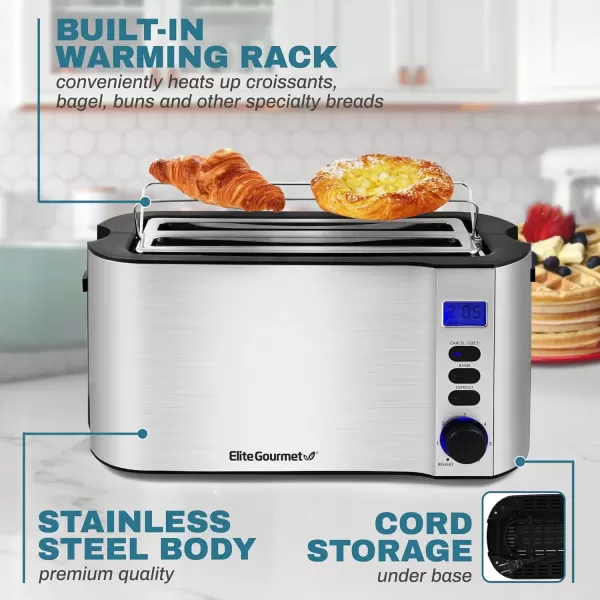 imageElite Gourmet 4 Slice Toaster with Countdown Timer Defrost and Cancel Functions  Extra Wide Slots for Bagels and Waffles Builtin Warming Rack Stainless SteelStainless Steel
