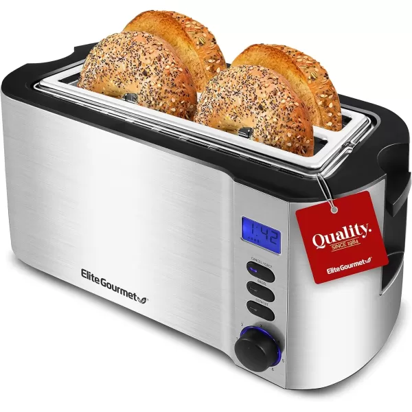 imageElite Gourmet 4 Slice Toaster with Countdown Timer Defrost and Cancel Functions  Extra Wide Slots for Bagels and Waffles Builtin Warming Rack Stainless SteelStainless Steel