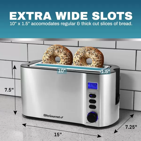 imageElite Gourmet 4 Slice Toaster with Countdown Timer Defrost and Cancel Functions  Extra Wide Slots for Bagels and Waffles Builtin Warming Rack Stainless SteelStainless Steel