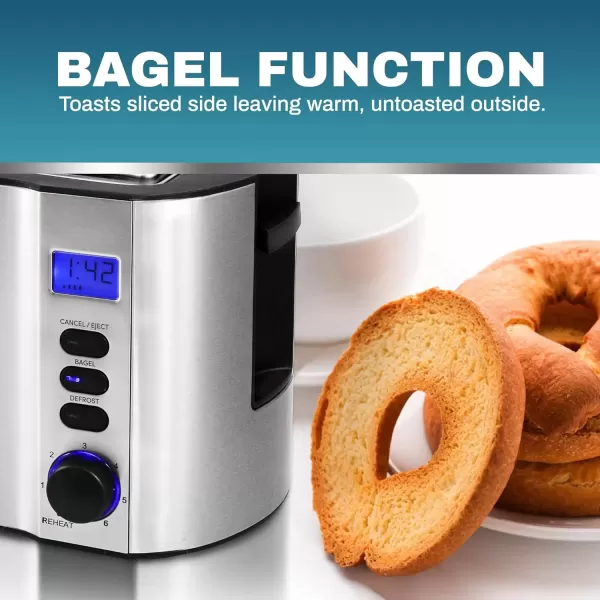 imageElite Gourmet 4 Slice Toaster with Countdown Timer Defrost and Cancel Functions  Extra Wide Slots for Bagels and Waffles Builtin Warming Rack Stainless SteelStainless Steel