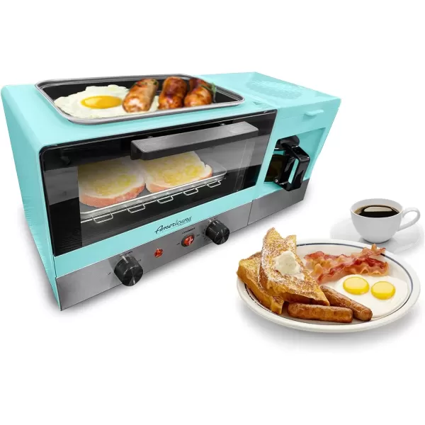 imageElite Gourmet Americana 2 Slice 95quot Griddle with Glass Lid 3in1 Breakfast Center Station 4Cup Coffeemaker Toaster Oven with 15Min Timer Heat Selector Mode BlueBlue