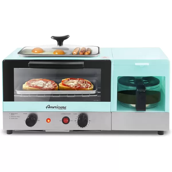 imageElite Gourmet Americana 2 Slice 95quot Griddle with Glass Lid 3in1 Breakfast Center Station 4Cup Coffeemaker Toaster Oven with 15Min Timer Heat Selector Mode BlueBlue