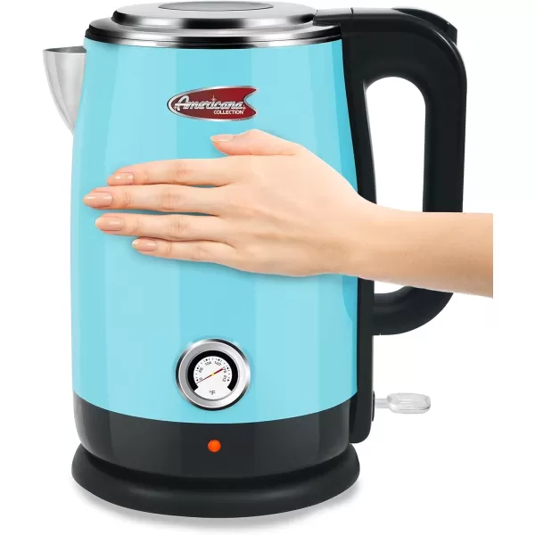 imageElite Gourmet Americana EKT1780BL Retro Nostalgic Temperature Gauge Double Wall Insulated Cool Touch Electric Water Tea Kettle BPA Free Stainless Steel Interior and Auto ShutOffBlue