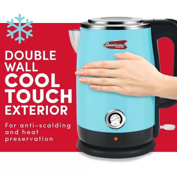 imageElite Gourmet Americana EKT1780BL Retro Nostalgic Temperature Gauge Double Wall Insulated Cool Touch Electric Water Tea Kettle BPA Free Stainless Steel Interior and Auto ShutOffBlue