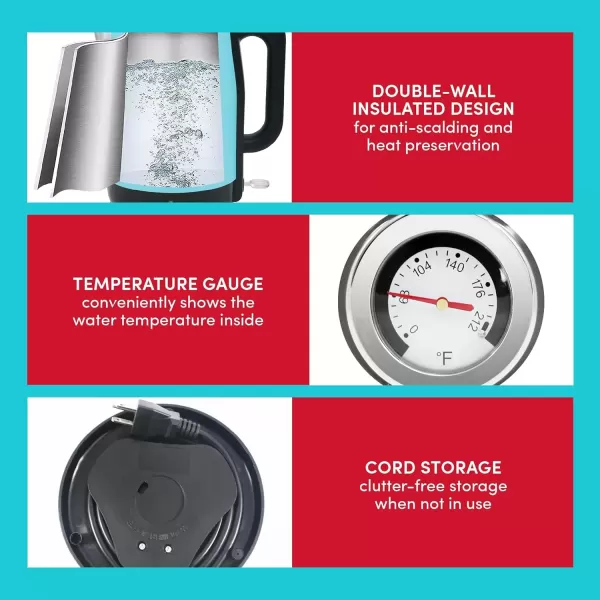 imageElite Gourmet Americana EKT1780BL Retro Nostalgic Temperature Gauge Double Wall Insulated Cool Touch Electric Water Tea Kettle BPA Free Stainless Steel Interior and Auto ShutOffBlue