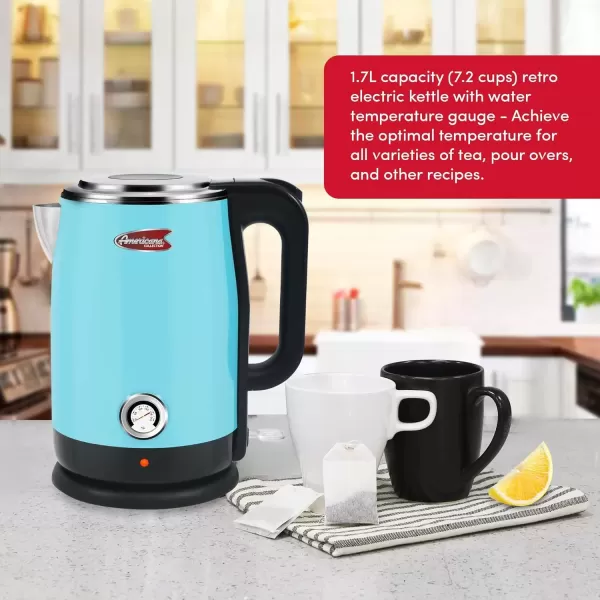 imageElite Gourmet Americana EKT1780BL Retro Nostalgic Temperature Gauge Double Wall Insulated Cool Touch Electric Water Tea Kettle BPA Free Stainless Steel Interior and Auto ShutOffBlue