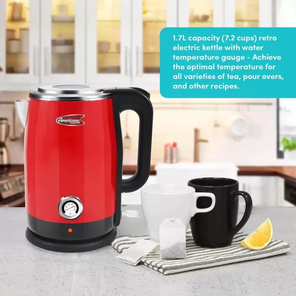 imageElite Gourmet Americana EKT1780R Retro Nostalgic Temperature Gauge Double Wall Insulated Cool Touch Electric Water Tea Kettle BPA Free Stainless Steel Interior and Auto ShutOffRed