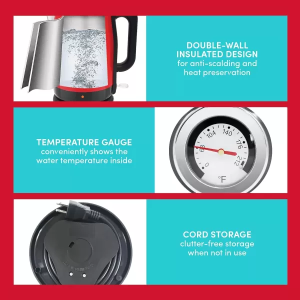 imageElite Gourmet Americana EKT1780R Retro Nostalgic Temperature Gauge Double Wall Insulated Cool Touch Electric Water Tea Kettle BPA Free Stainless Steel Interior and Auto ShutOffRed