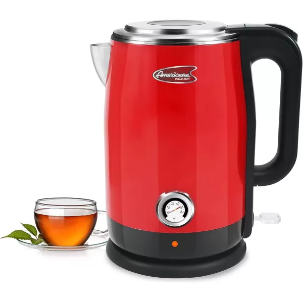 imageElite Gourmet Americana EKT1780R Retro Nostalgic Temperature Gauge Double Wall Insulated Cool Touch Electric Water Tea Kettle BPA Free Stainless Steel Interior and Auto ShutOffRed
