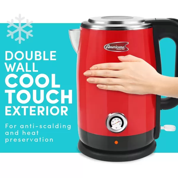 imageElite Gourmet Americana EKT1780R Retro Nostalgic Temperature Gauge Double Wall Insulated Cool Touch Electric Water Tea Kettle BPA Free Stainless Steel Interior and Auto ShutOffRed