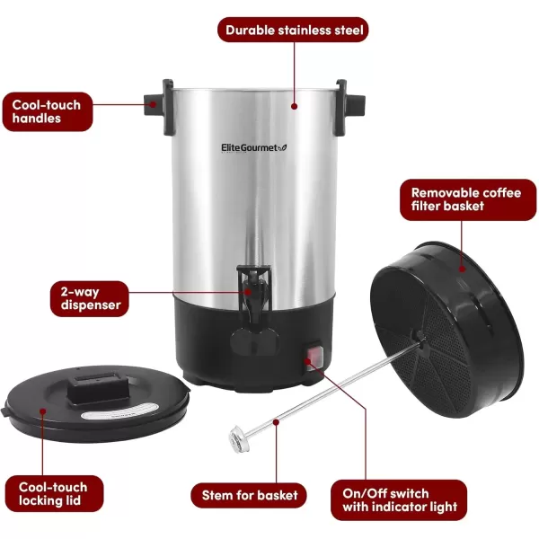 imageElite Gourmet CCM035 MaxiMatic 30 Cup Stainless Steel Coffee Urn Removable Filter For Easy Cleanup Two Way Dispenser with CoolTouch Handles Electric Coffee Maker Urn Stainless SteelStainless Steel