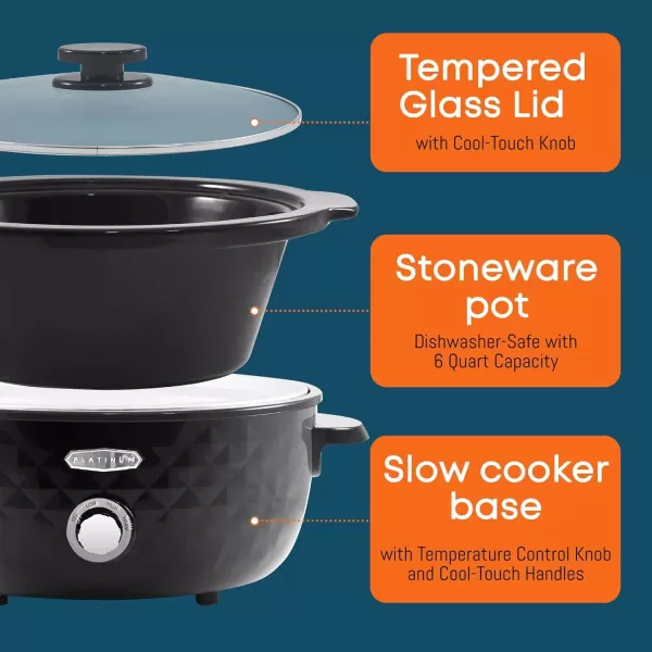 imageElite Gourmet Diamond Pattern Slow Cooker Removable DishwasherSafe Stoneware Pot with Tempered Glass Lid CoolTouch Handles 6 Quart Charcoal BlackCharcoal Black