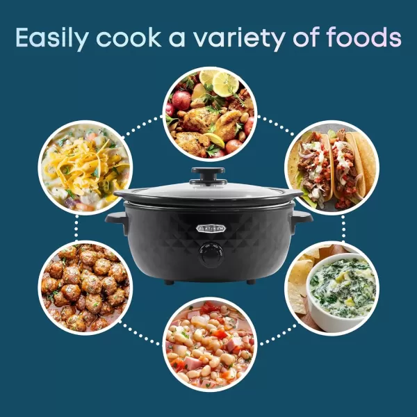 imageElite Gourmet Diamond Pattern Slow Cooker Removable DishwasherSafe Stoneware Pot with Tempered Glass Lid CoolTouch Handles 6 Quart Charcoal BlackCharcoal Black