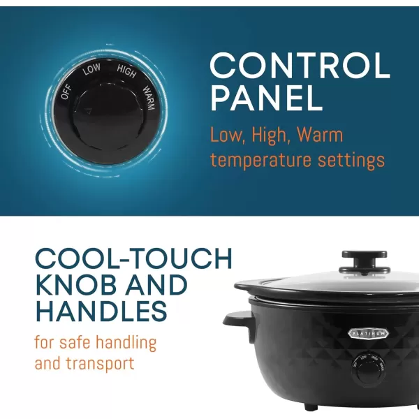 imageElite Gourmet Diamond Pattern Slow Cooker Removable DishwasherSafe Stoneware Pot with Tempered Glass Lid CoolTouch Handles 6 Quart Charcoal BlackCharcoal Black