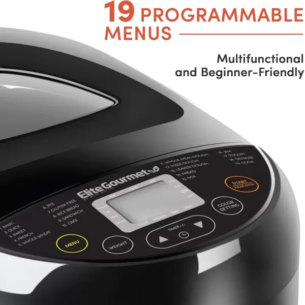 imageElite Gourmet EBM8103M Programmable Bread Maker Machine 3 Loaf Sizes 19 Menu Functions Gluten Free White Wheat Rye French and more 2 Lbs MintBlack