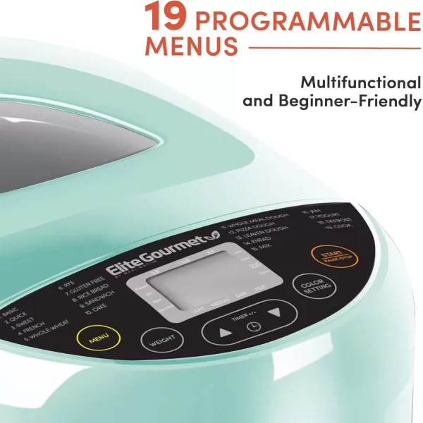 imageElite Gourmet EBM8103M Programmable Bread Maker Machine 3 Loaf Sizes 19 Menu Functions Gluten Free White Wheat Rye French and more 2 Lbs MintMint