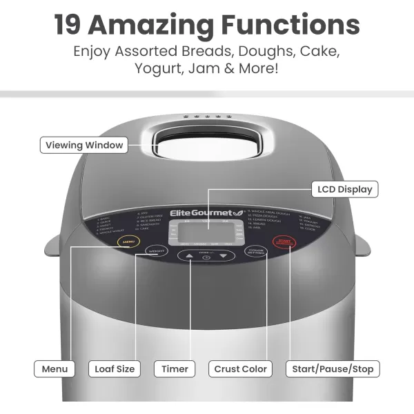imageElite Gourmet EBM8103M Programmable Bread Maker Machine 3 Loaf Sizes 19 Menu Functions Gluten Free White Wheat Rye French and more 2 Lbs MintStainless Steel