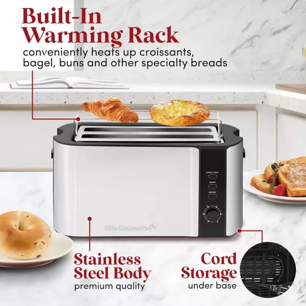 imageElite Gourmet ECT3100 Long Slot 4 Slice Toaster Reheat 6 Toast Settings Defrost Cancel Functions Builtin Warming Rack Extra Wide Slots for Bagels Waffles Stainless Steel ampamp BlackStainless Steel and Black