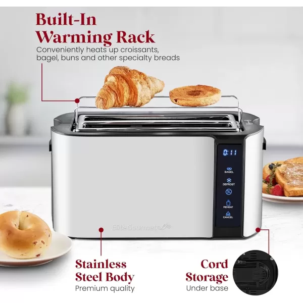 imageElite Gourmet ECT3100 Long Slot 4 Slice Toaster Reheat 6 Toast Settings Defrost Cancel Functions Builtin Warming Rack Extra Wide Slots for Bagels Waffles Stainless Steel ampamp BlackBlack  Stainless Steel
