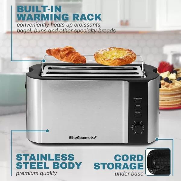 imageElite Gourmet ECT3100 Long Slot 4 Slice Toaster Reheat 6 Toast Settings Defrost Cancel Functions Builtin Warming Rack Extra Wide Slots for Bagels Waffles Stainless Steel ampamp BlackBlack