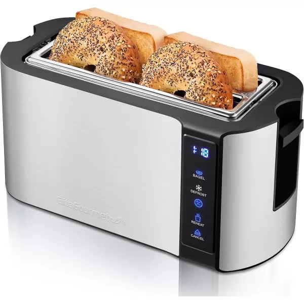 imageElite Gourmet ECT3100 Long Slot 4 Slice Toaster Reheat 6 Toast Settings Defrost Cancel Functions Builtin Warming Rack Extra Wide Slots for Bagels Waffles Stainless Steel ampamp BlackBlack  Stainless Steel