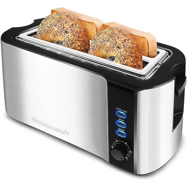 imageElite Gourmet ECT3100 Long Slot 4 Slice Toaster Reheat 6 Toast Settings Defrost Cancel Functions Builtin Warming Rack Extra Wide Slots for Bagels Waffles Stainless Steel ampamp BlackStainless Steel and Black