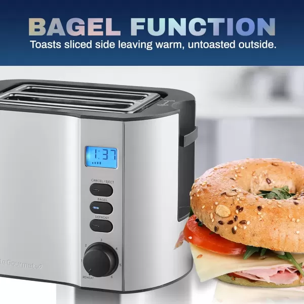 imageElite Gourmet ECT3100 Long Slot 4 Slice Toaster Reheat 6 Toast Settings Defrost Cancel Functions Builtin Warming Rack Extra Wide Slots for Bagels Waffles Stainless Steel ampamp BlackStainless Steel