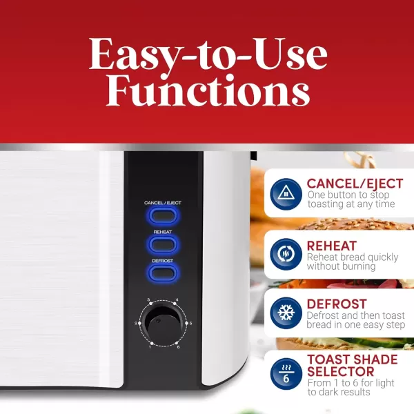 imageElite Gourmet ECT3100 Long Slot 4 Slice Toaster Reheat 6 Toast Settings Defrost Cancel Functions Builtin Warming Rack Extra Wide Slots for Bagels Waffles Stainless Steel ampamp BlackStainless Steel and Black