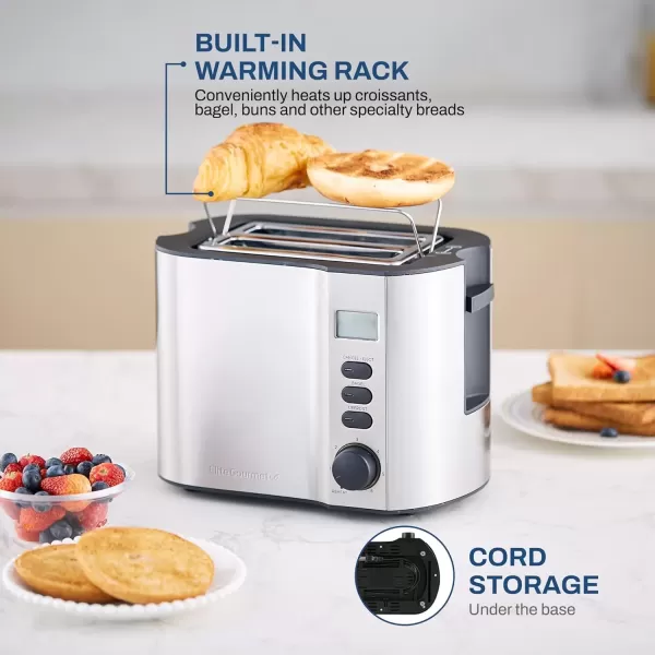 imageElite Gourmet ECT3100 Long Slot 4 Slice Toaster Reheat 6 Toast Settings Defrost Cancel Functions Builtin Warming Rack Extra Wide Slots for Bagels Waffles Stainless Steel ampamp BlackStainless Steel