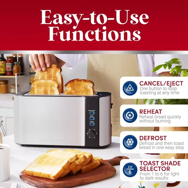imageElite Gourmet ECT3100 Long Slot 4 Slice Toaster Reheat 6 Toast Settings Defrost Cancel Functions Builtin Warming Rack Extra Wide Slots for Bagels ampamp Waffles Stainless Steel ampamp BlackBlack  Stainless Steel