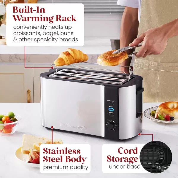 imageElite Gourmet ECT3100 Long Slot 4 Slice Toaster Reheat 6 Toast Settings Defrost Cancel Functions Builtin Warming Rack Extra Wide Slots for Bagels ampamp Waffles Stainless Steel ampamp BlackBlack  Stainless Steel