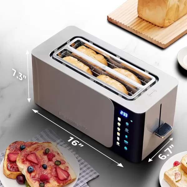 imageElite Gourmet ECT3100 Long Slot 4 Slice Toaster Reheat 6 Toast Settings Defrost Cancel Functions Builtin Warming Rack Extra Wide Slots for Bagels ampamp Waffles Stainless Steel ampamp BlackStainless Steel