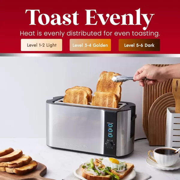 imageElite Gourmet ECT3100 Long Slot 4 Slice Toaster Reheat 6 Toast Settings Defrost Cancel Functions Builtin Warming Rack Extra Wide Slots for Bagels ampamp Waffles Stainless Steel ampamp BlackBlack  Stainless Steel