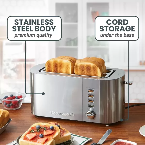 imageElite Gourmet ECT4123 Long Slot 4 Slice Toaster Extra Wide 15quot and 51quot Deep Slots Bagel Defrost ampamp Cancel Functions 6 Toast Shade Settings Fits Bagels Waffles Artisan Breads Stainless Steel