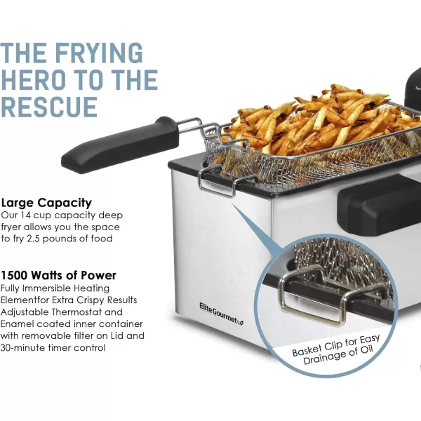 imageElite Gourmet EDF3500 Electric Immersion Deep Fryer Removable Basket Timer Control Adjustable Temperature Lid with Viewing Window and Odor Free FilterStainless Steel35 Quart  14 Cup35 Quart  14 Cup