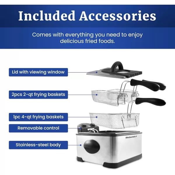 imageElite Gourmet EDF401T Electric 45 Qt  17 Cup Immersion Deep Fryer 3Baskets 1700Watt Timer Control Adjustable Temperature Lid with Viewing Window and Odor Free Filter45 Quart  17 cup