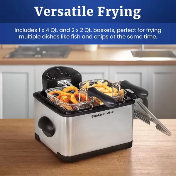 imageElite Gourmet EDF401T Electric 45 Qt  17 Cup Immersion Deep Fryer 3Baskets 1700Watt Timer Control Adjustable Temperature Lid with Viewing Window and Odor Free Filter45 Quart  17 cup